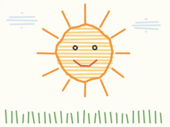 A sun with a smiling face, drawn in crayon